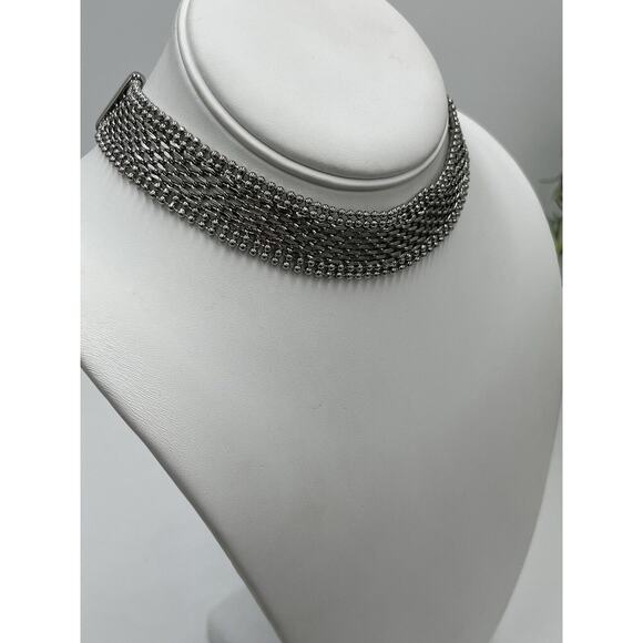 White House Black Market Silver Tone Mesh Woven Beaded ADJ Choker Necklace New - Picture 6 of 10